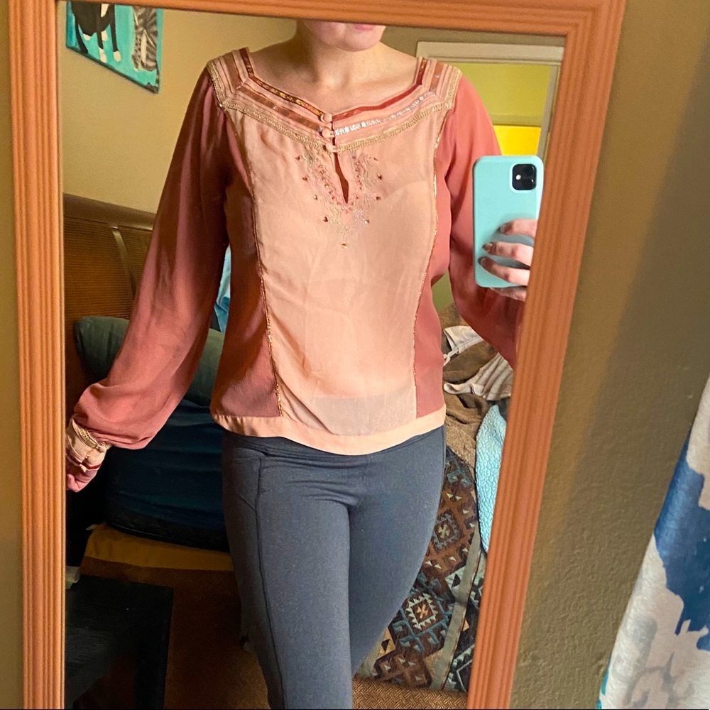 Embellished pink long-sleeve blouse